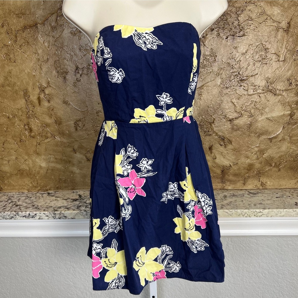 Lilly Pulitzer Strapless Dress 2 Navy Blue Floral Fit Flare Cotton Cruise Beach - Picture 2 of 13